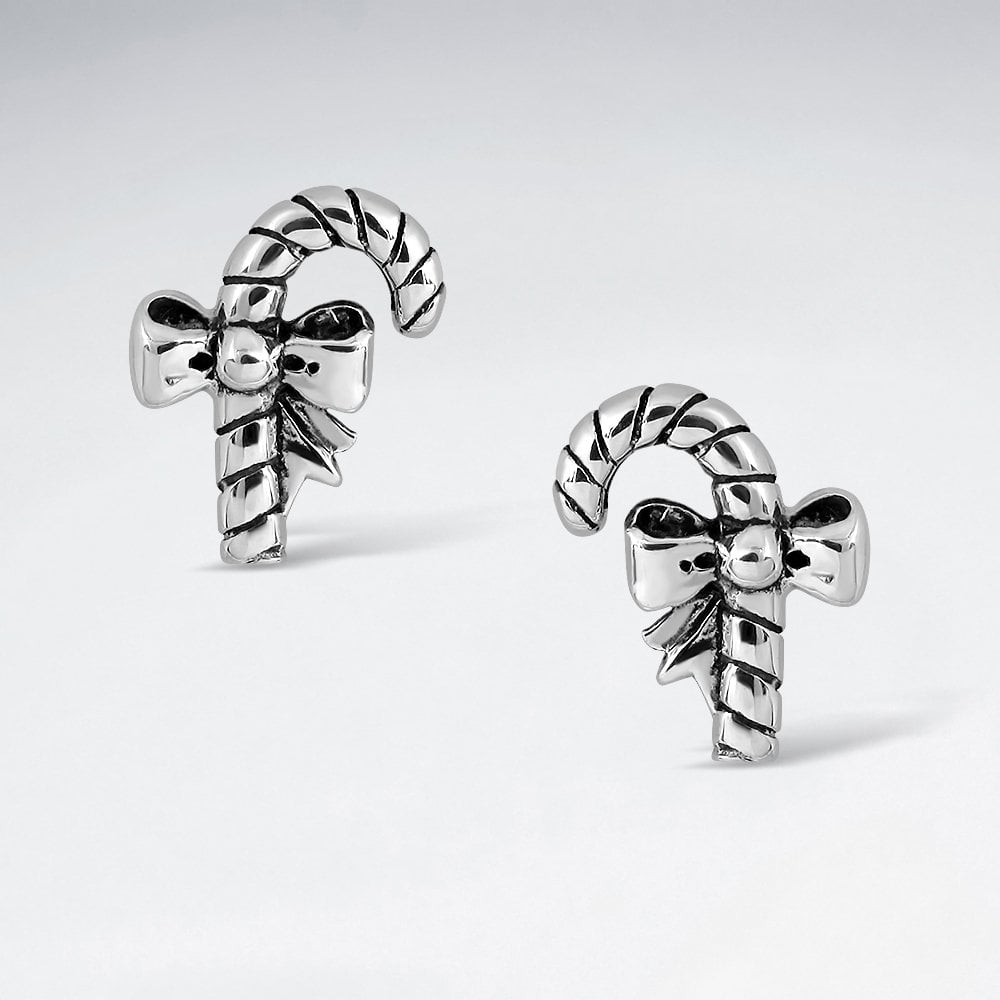 Sterling Silver Candy Cane & Ribbon Stud Earrings