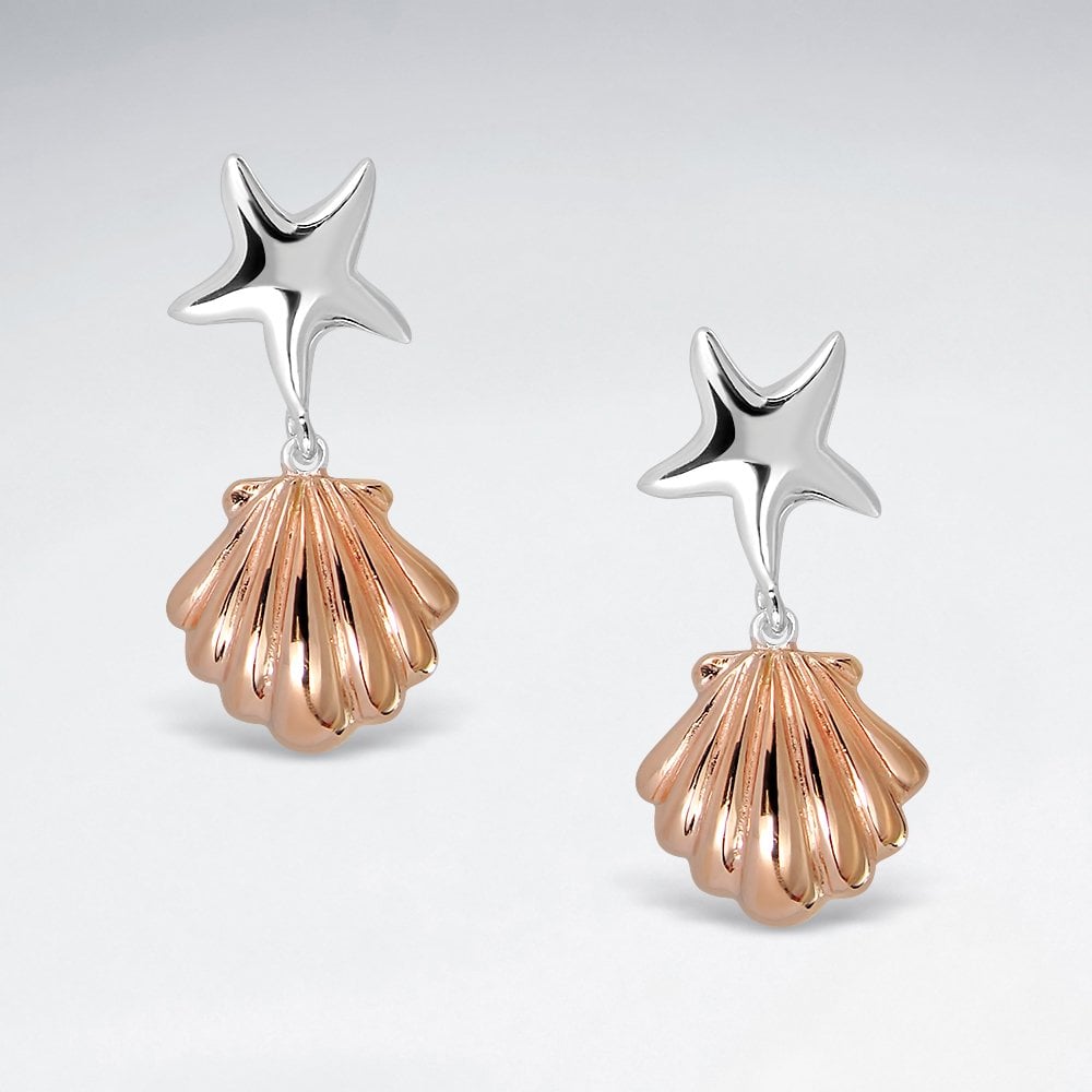 Sterling Silver Starfish & Shell Dangle Earrings