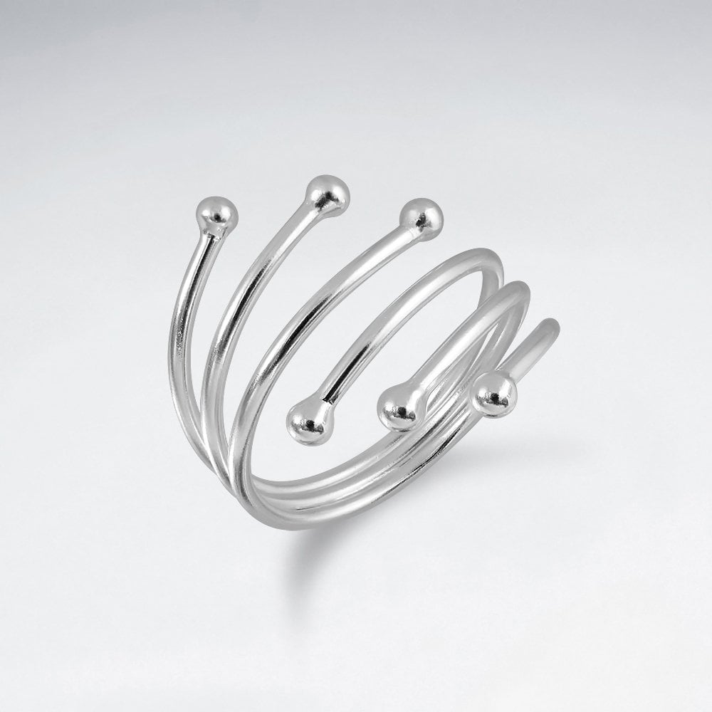 Sterling Silver Multi Layer Beaded Ball Split Open Cuff Ring