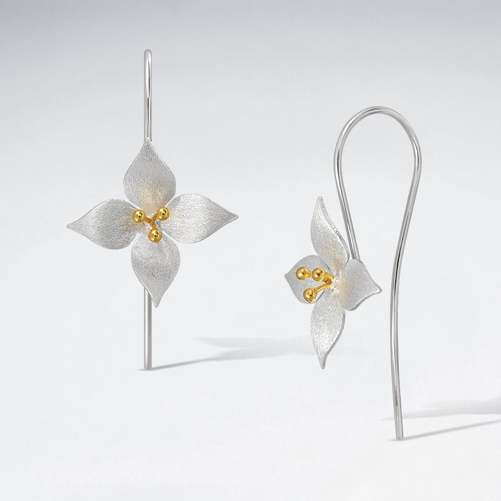 Sterling Silver Four Point Flower Blossom Hook Earrings