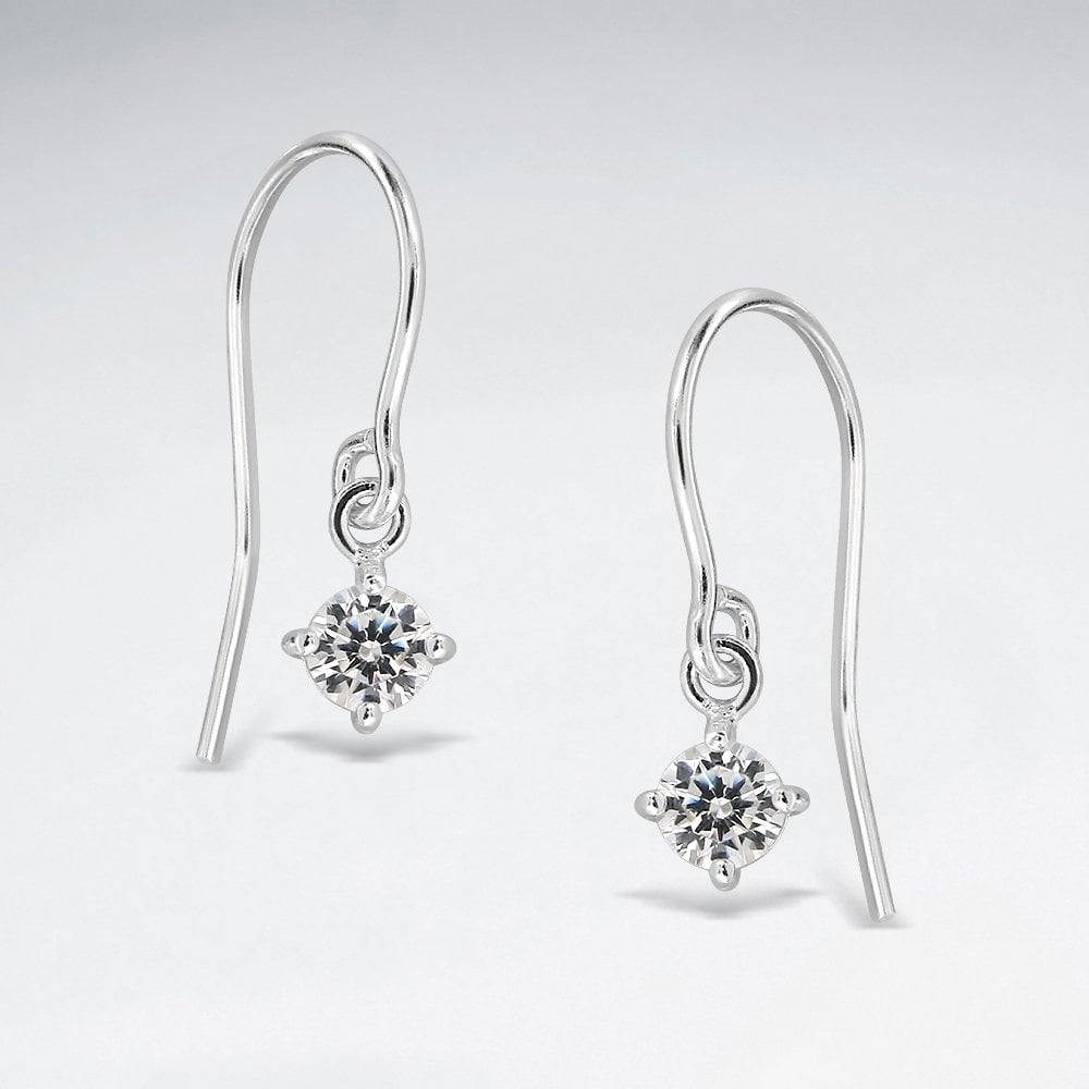 Sterling Silver Round CZ Dangle Hook Earrings