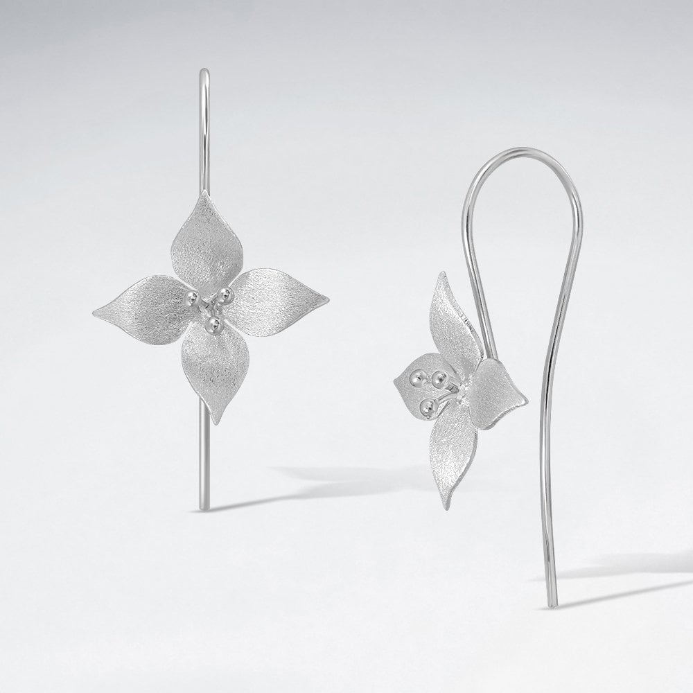 Sterling Silver Four Point Flower Blossom Hook Earrings