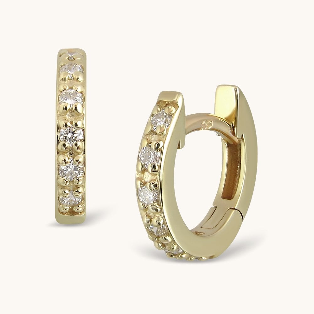 14K Solid Yellow Gold Round Diamond Hoop Earrings