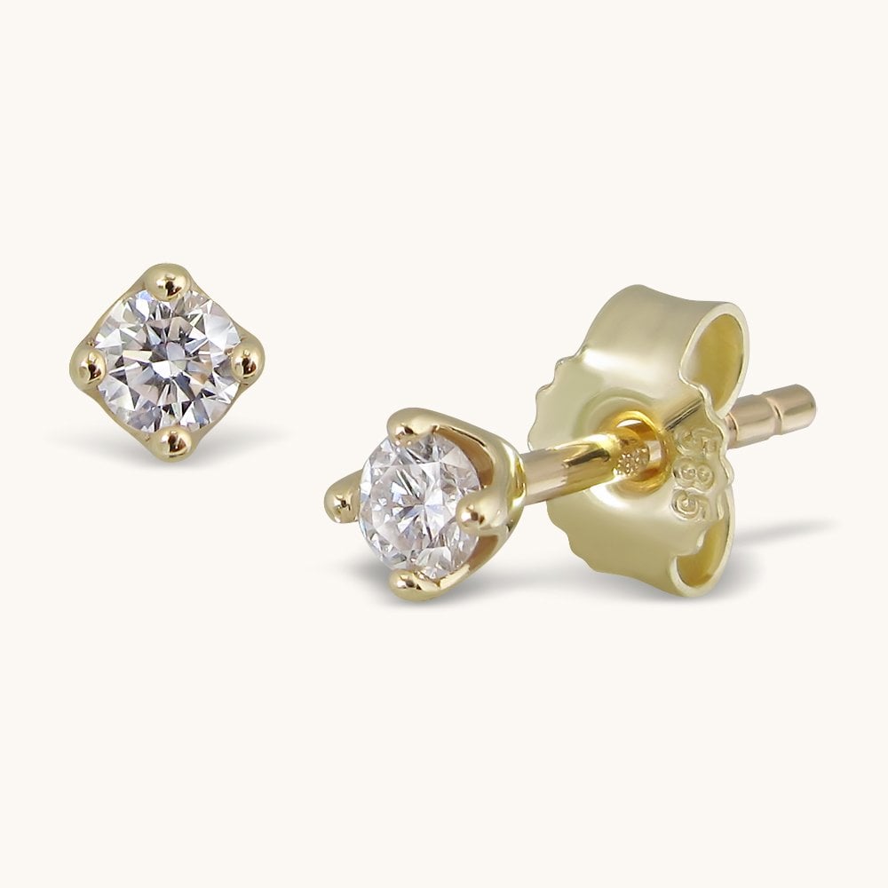 14K Solid Yellow Gold Round Diamond Solitaire Stud Earrings