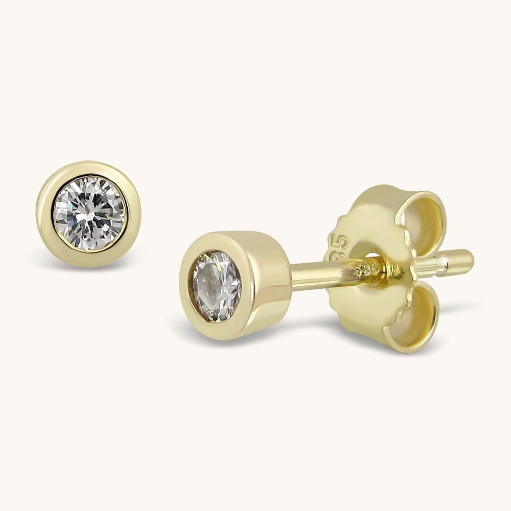 14K Solid Yellow Gold Round Pave-Set Diamond Solitaire Stud Earrings
