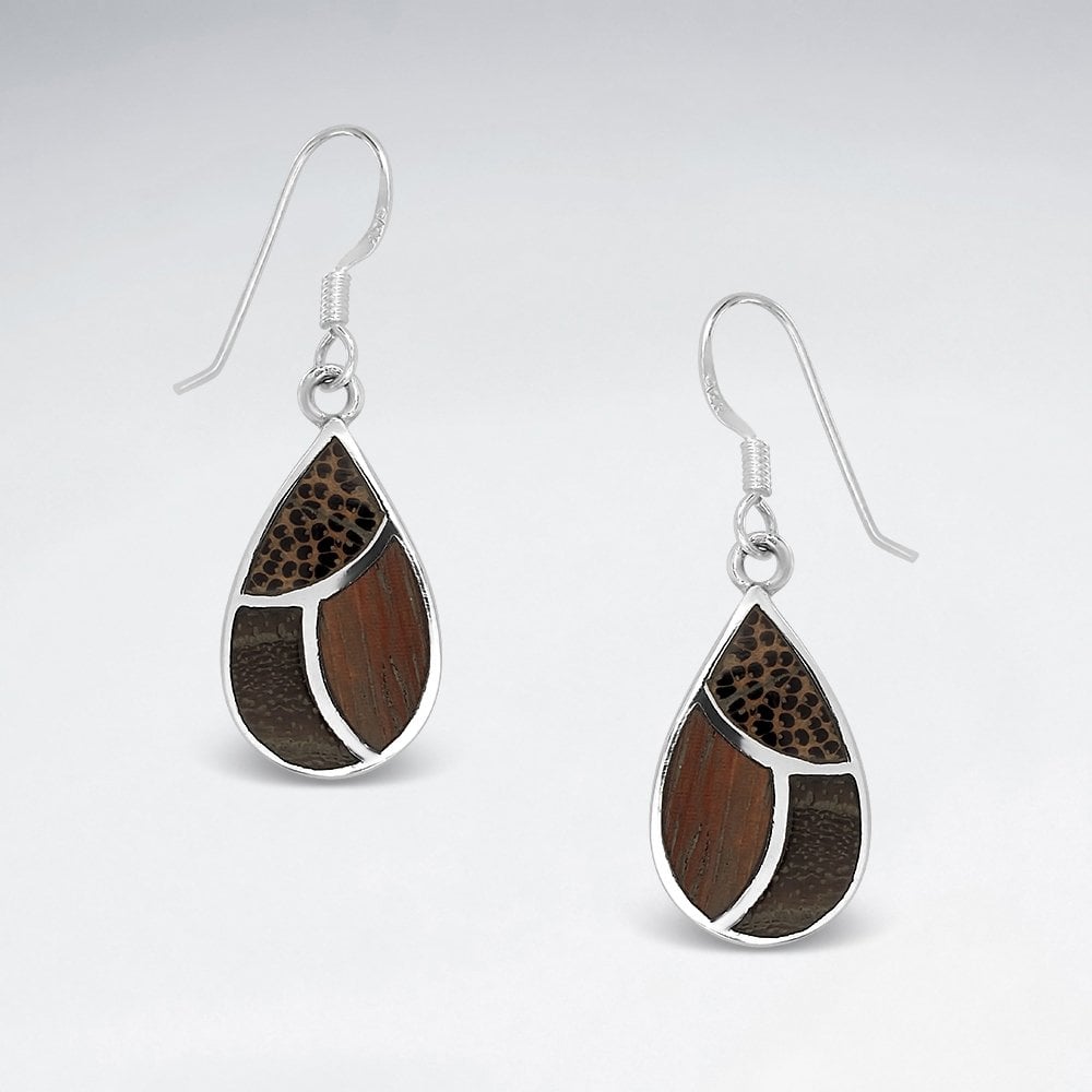 Sterling Silver and Wood Teardrop Earrings
