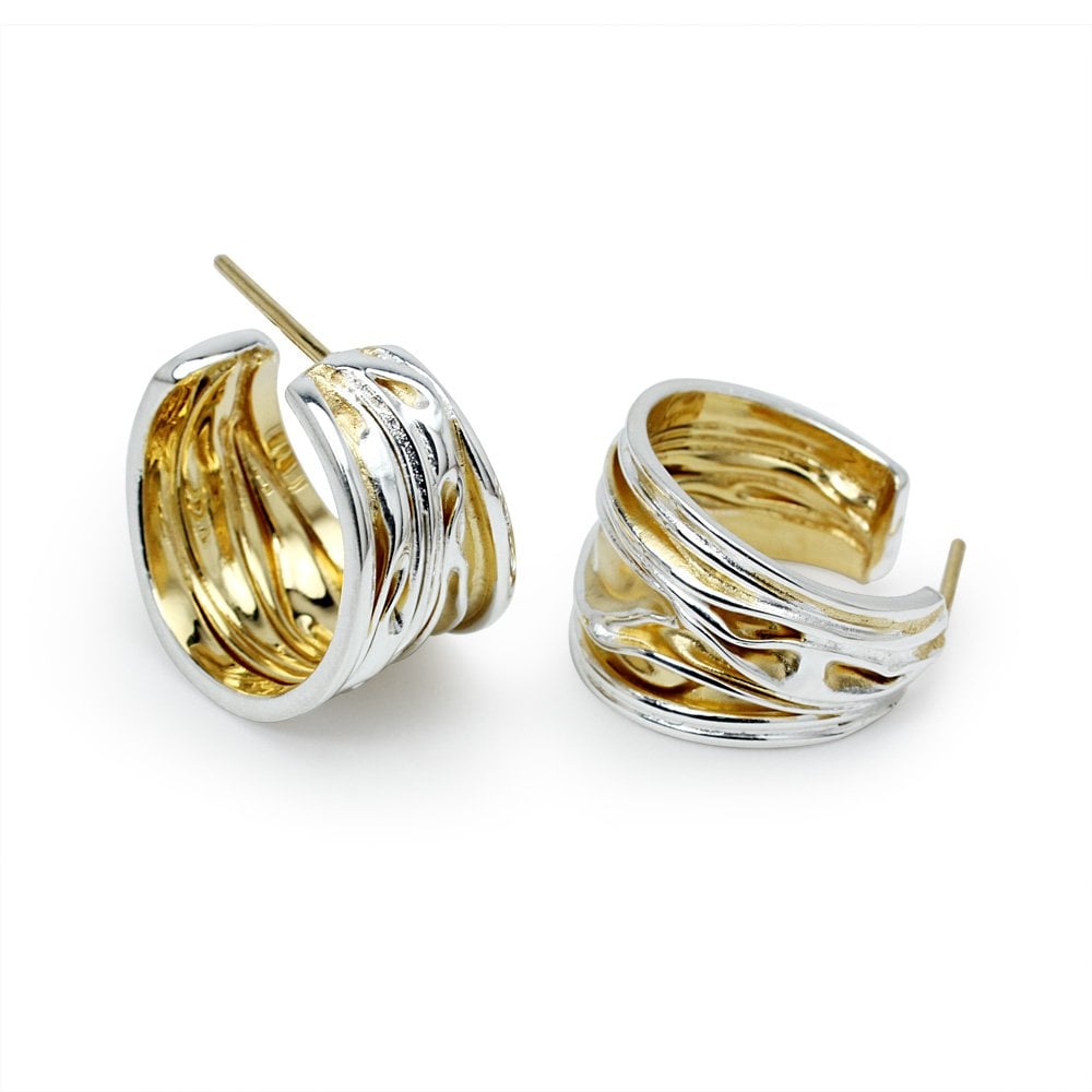 Textured Silver Feather Style Half Hoop Earrings