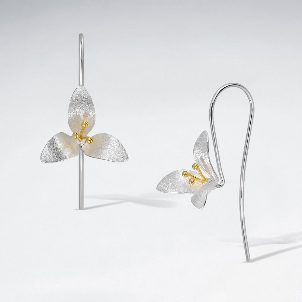 Sterling Silver Triple Petal Flower Hook Earrings