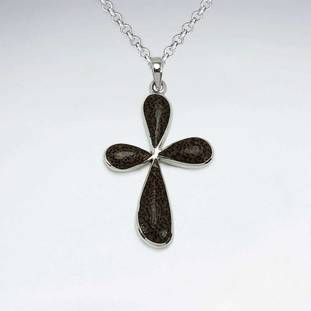 Cross Design Natural Wood Silver Pendant