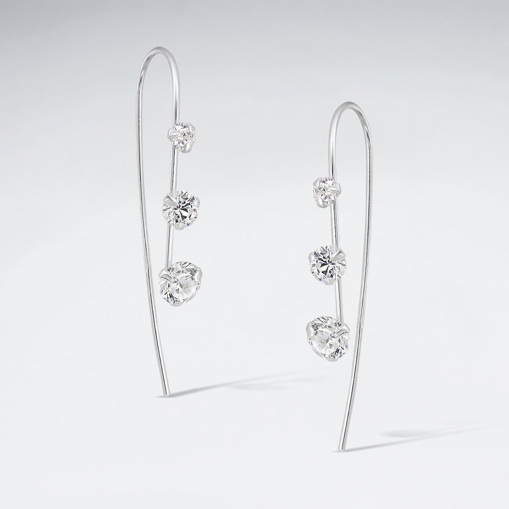 925 Sterling Silver Cubic Zirconia Trio CZ Drop Hook Earrings