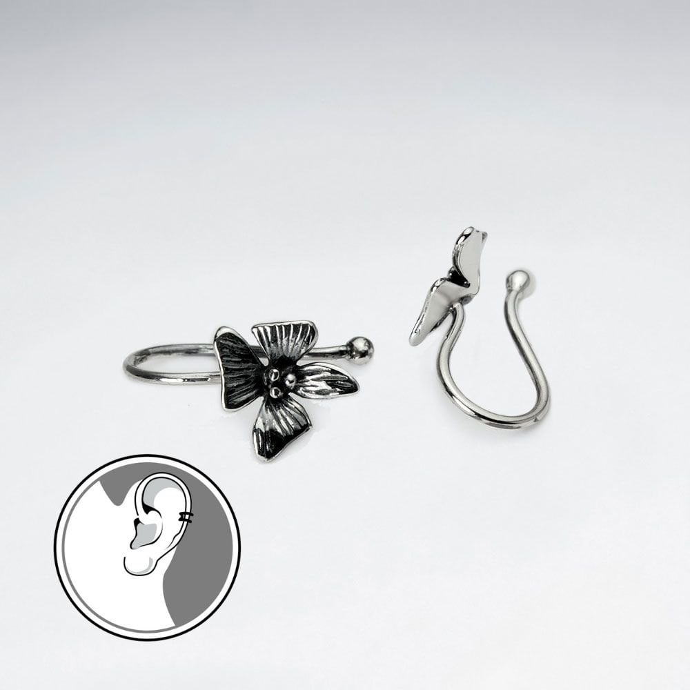 Tropical Flower Oxidized Silver Ear cuffs