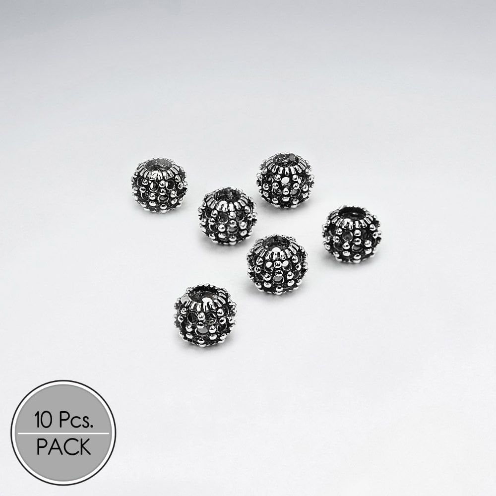 925 Silver Ornate Oxidized Ball Beads Pack Of 10 Pieces
