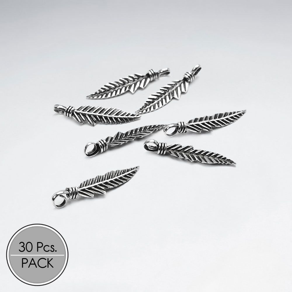 Large Sterling Silver Textured Feather Charms Pack Of 30 Pieces
