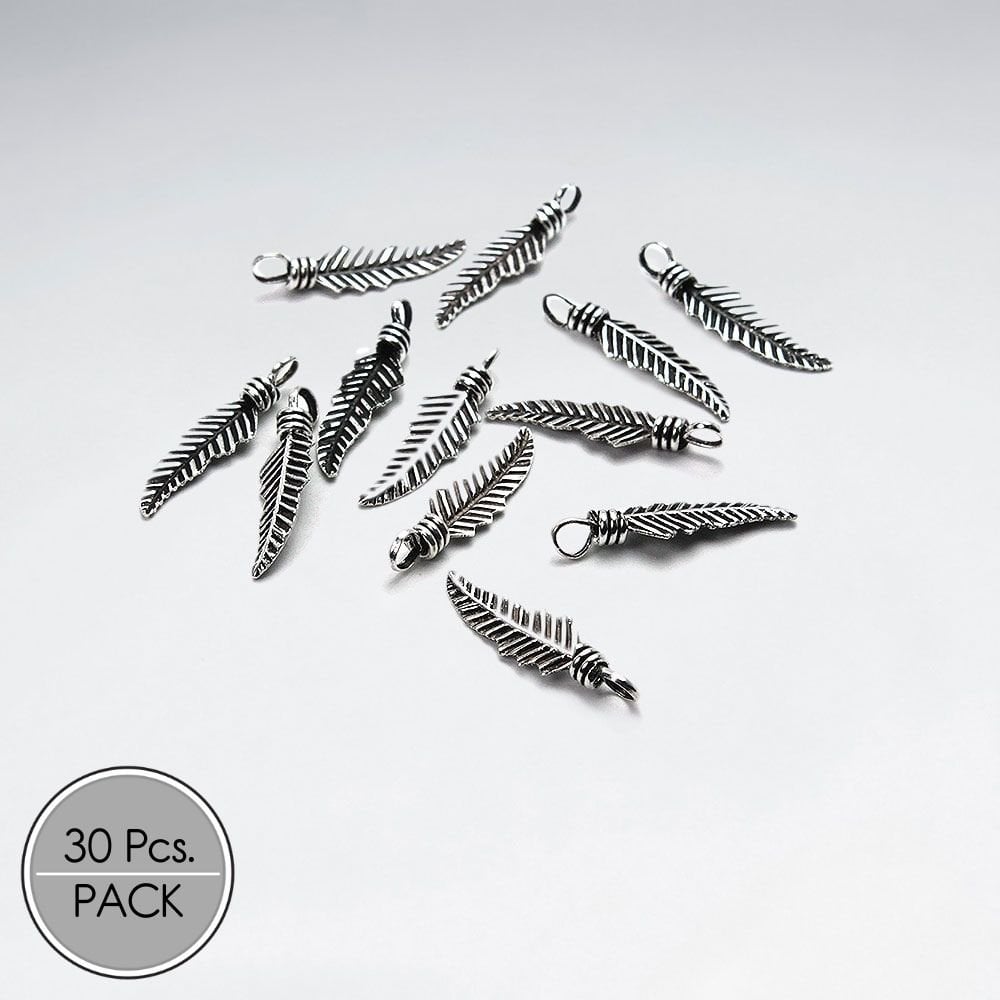 Small Sterling Silver Textured Feather Charms Pack Of 30 Pieces