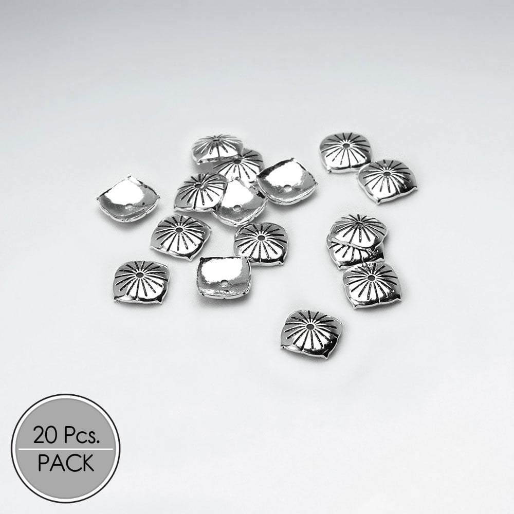 Square Imprinted Domed Silver Bead Caps Pack Of 20 Pieces