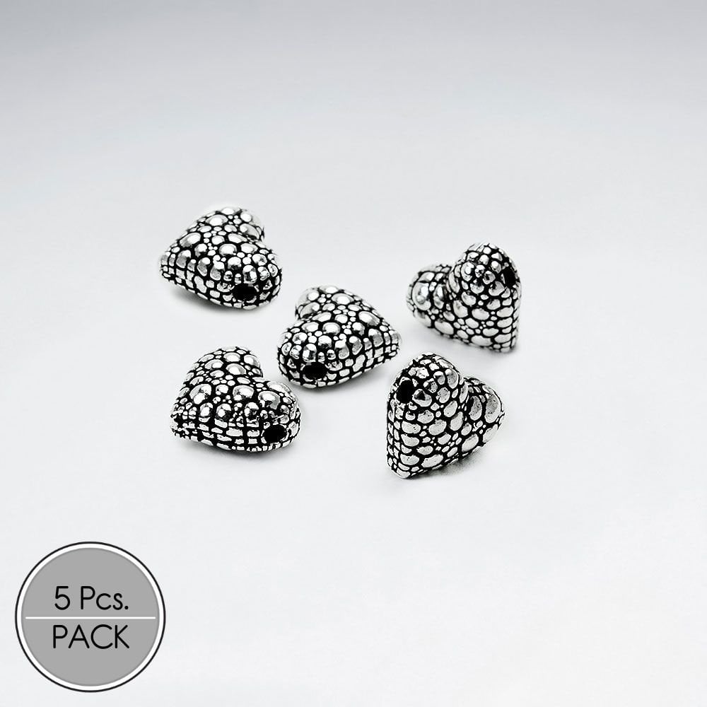 Oxidized Silver Crackled Heart Beads  Pack Of 5 Pieces