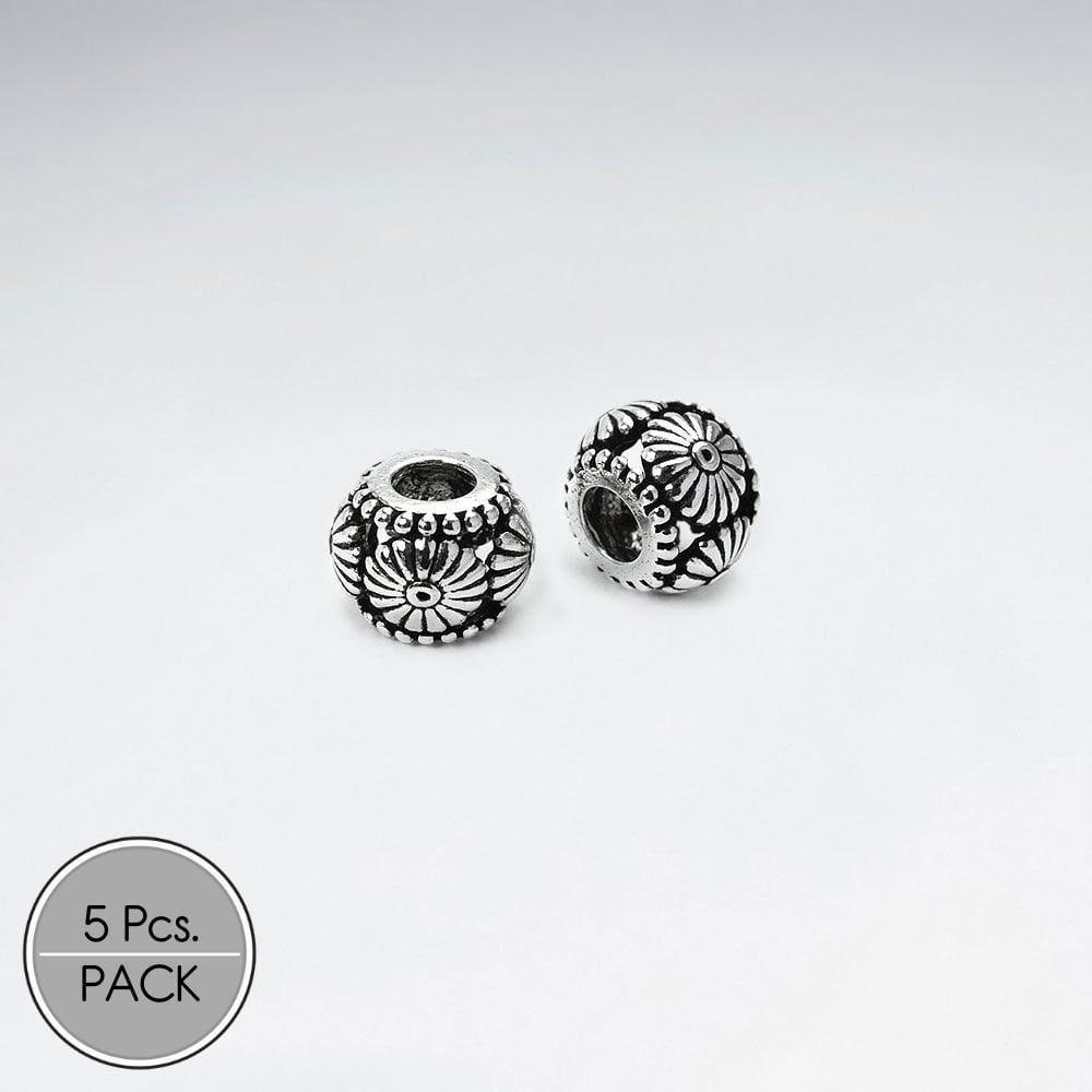 Oxidized Silver Ornate Rounded Beads Pack Of 5 Pieces