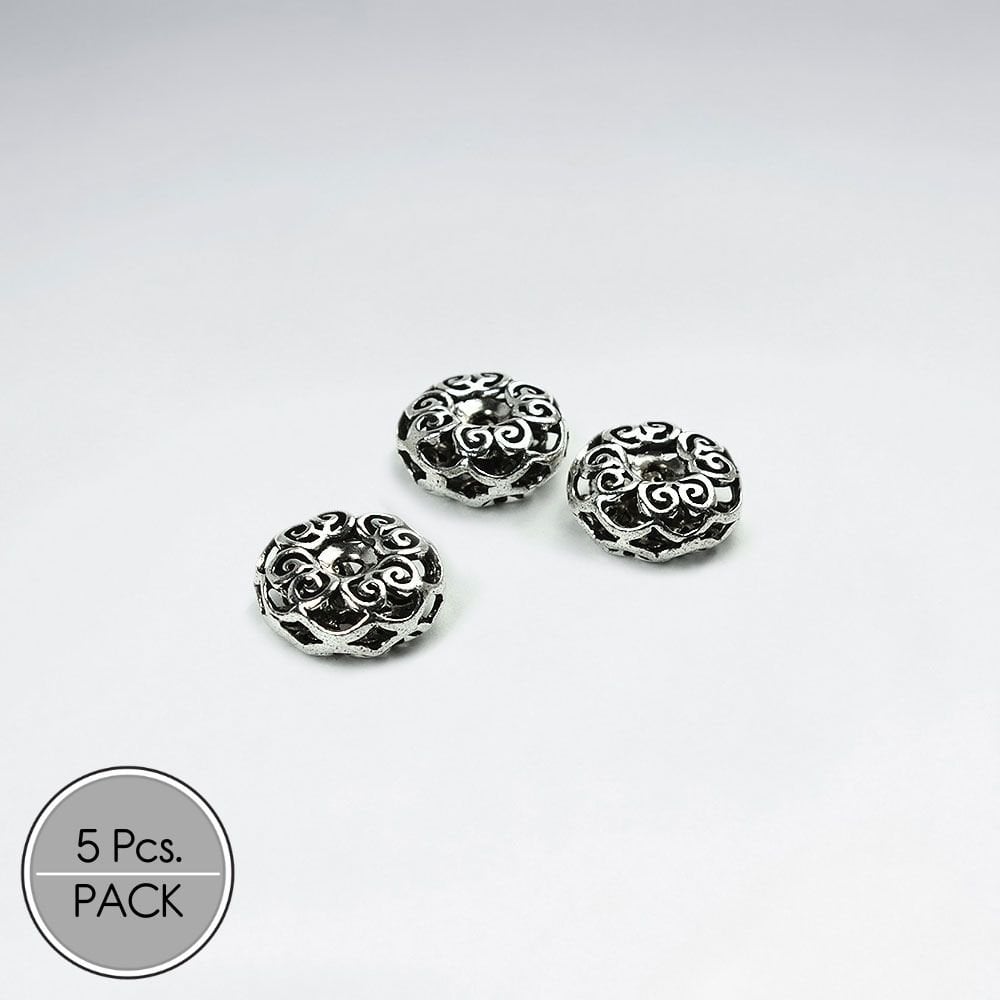 Elaborate Oxidized Silver  Pattern Beads Pack Of 5 Pieces