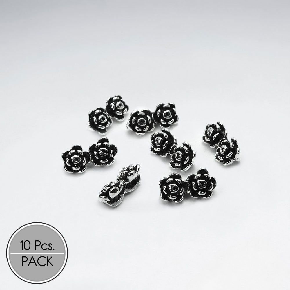 Oxidized Silver Double Rose Beads Pack Of 10 Pieces