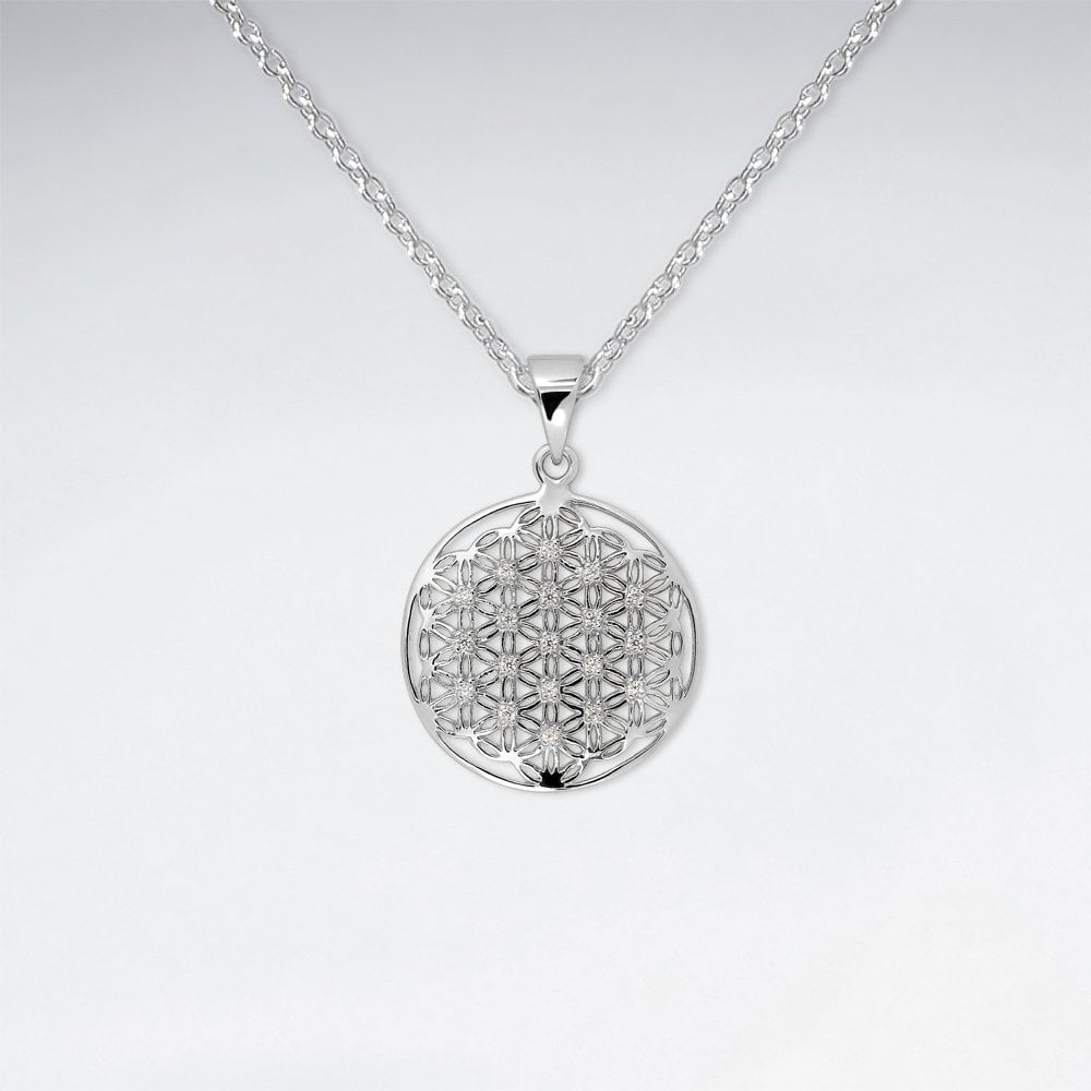 925 Sterling Silver Cubic Zirconia Openwork Pattern Circle Pendant