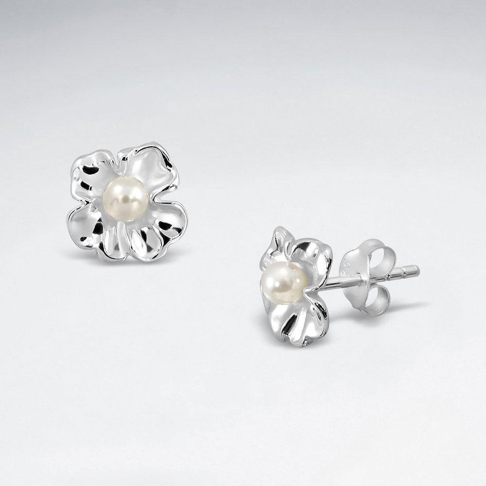Sterling Silver Pearl Flower Earrings