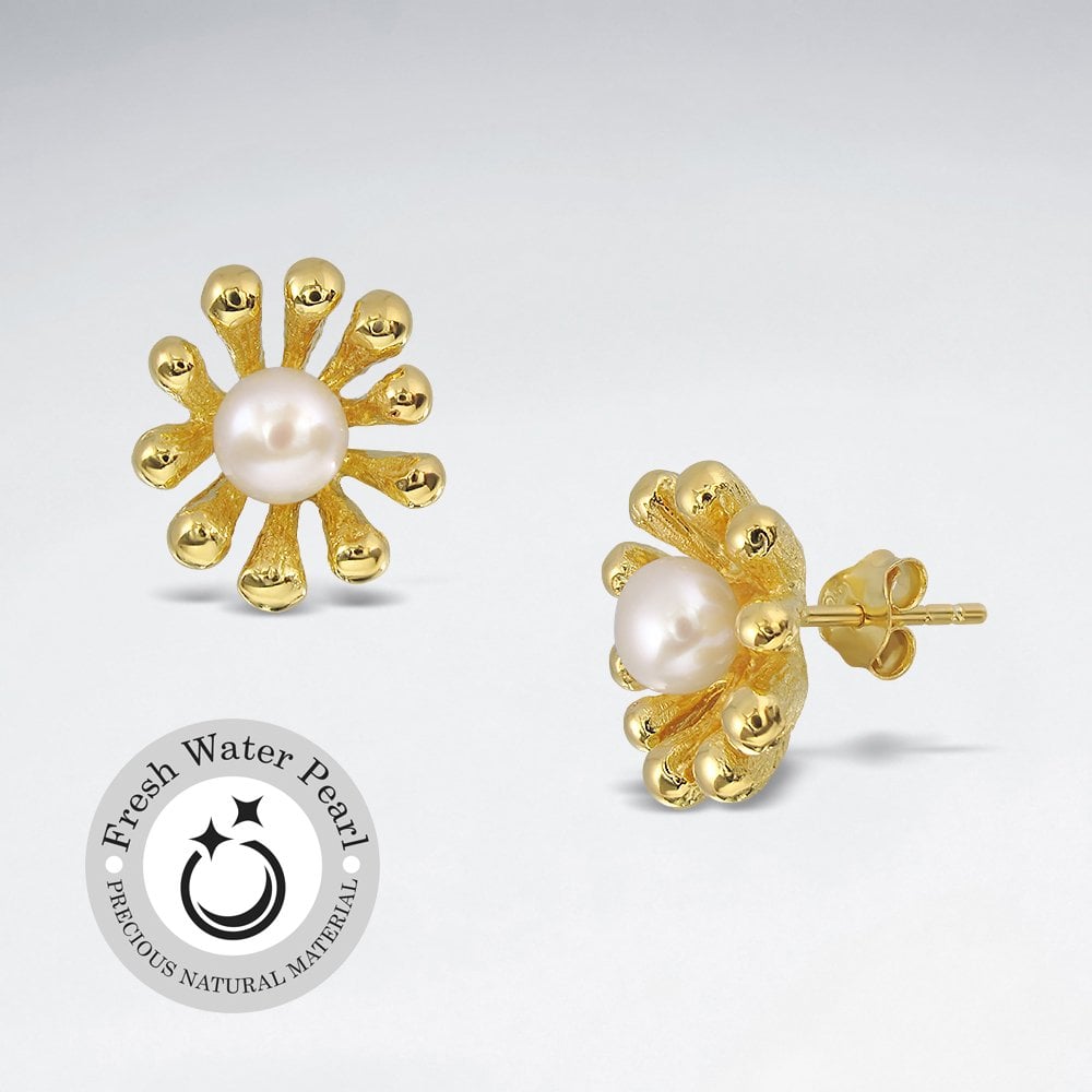 Bead Studded Silver and Pearl Flower Earrings