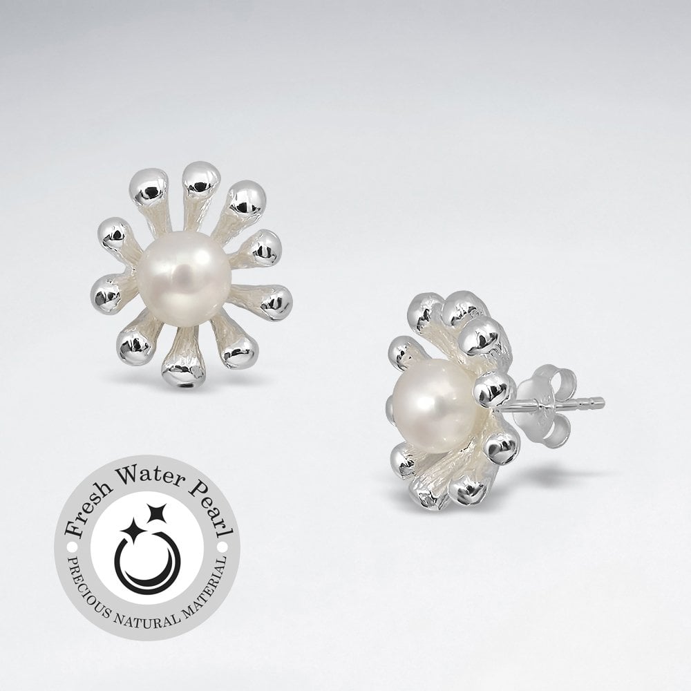 Bead Studded Silver and Pearl Flower Earrings