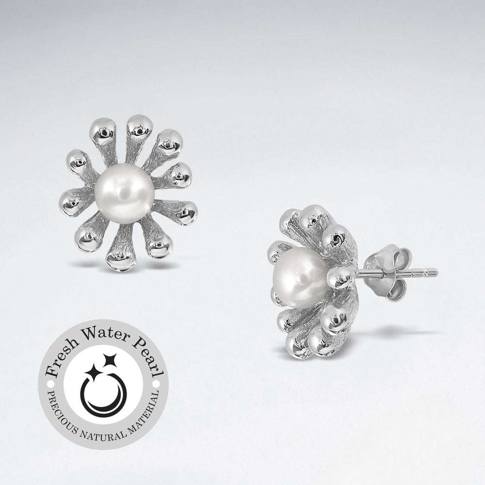 Bead Studded Silver and Pearl Flower Earrings