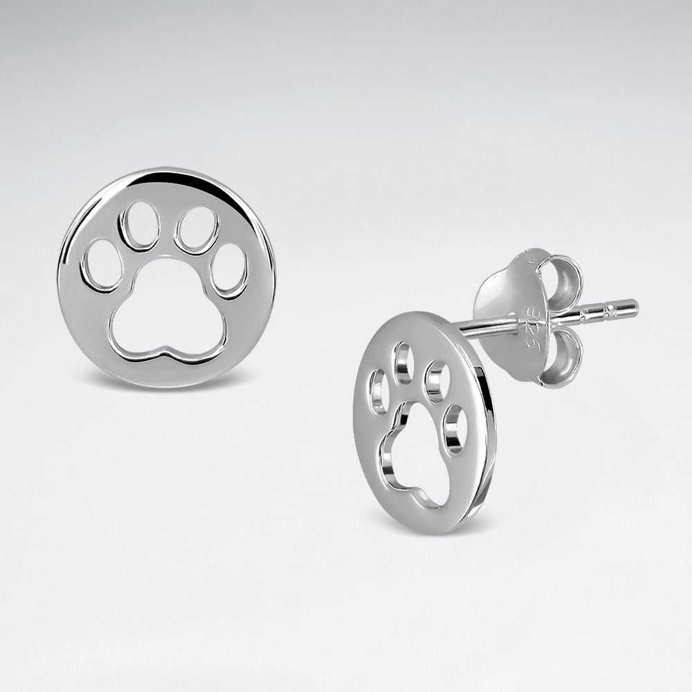 Sterling Silver Paw print Circle Stud Earrings