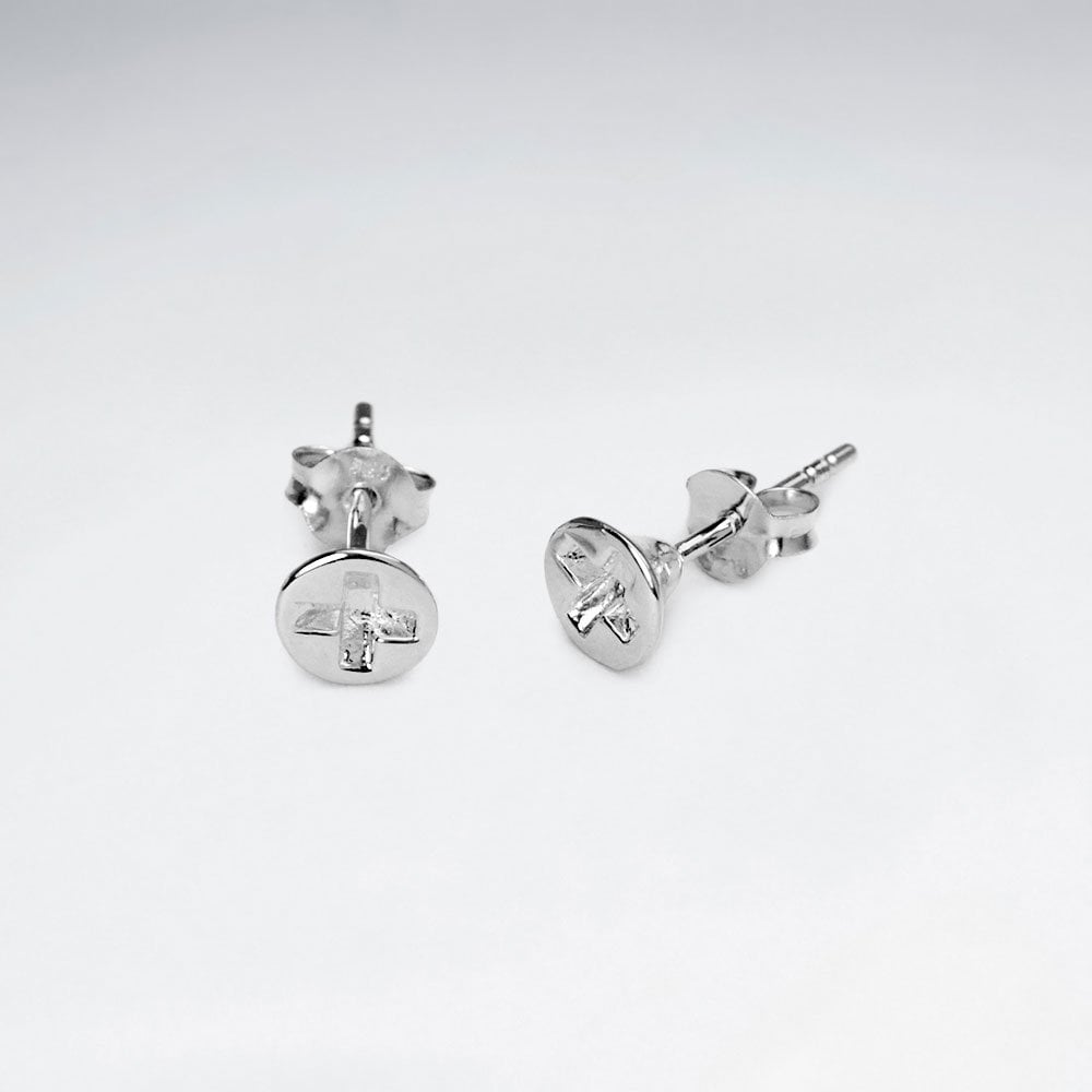 Rhodium Plating Cross Style Button Stud Earrings in Sterling Silver