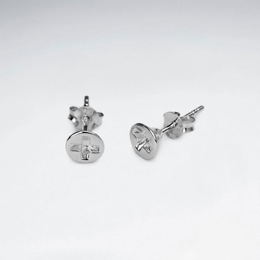 Rhodium Plating Cross Style Button Stud Earrings in Sterling Silver