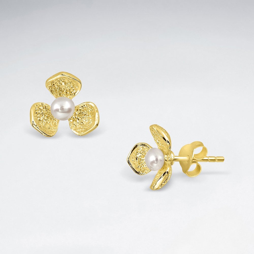 Sterling Silver Flower Pearl Stud Earrings