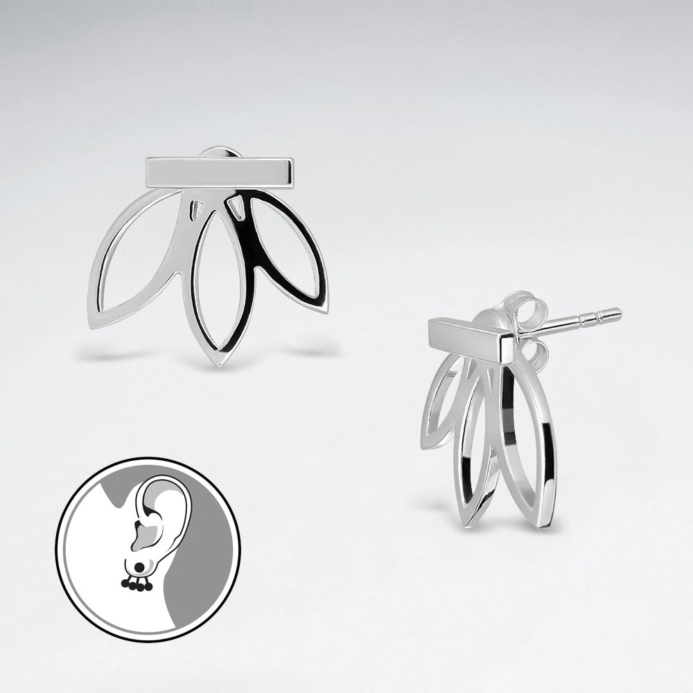 Sterling Silver Triple Leaf & Bar Stud Earrings