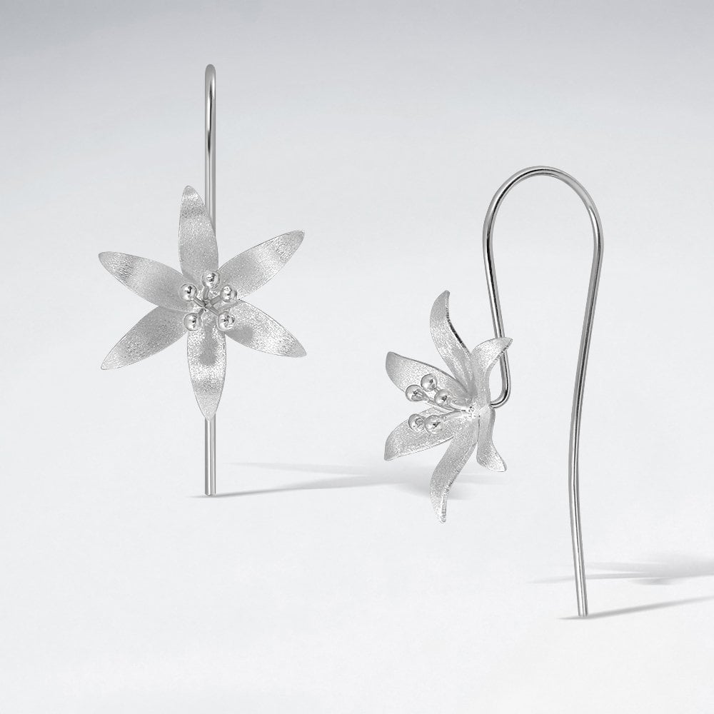 Sterling Silver Six Petal Flower Hook Earrings