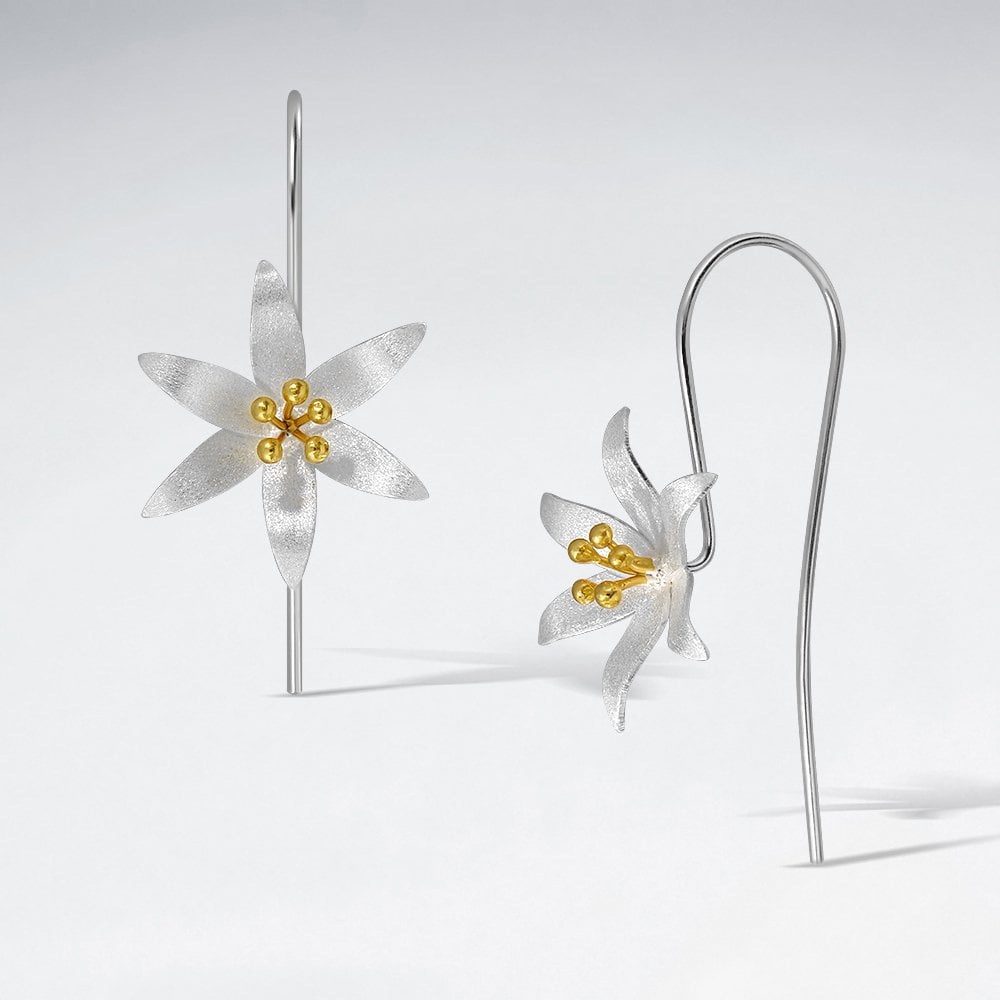 Sterling Silver Six Petal Flower Hook Earrings