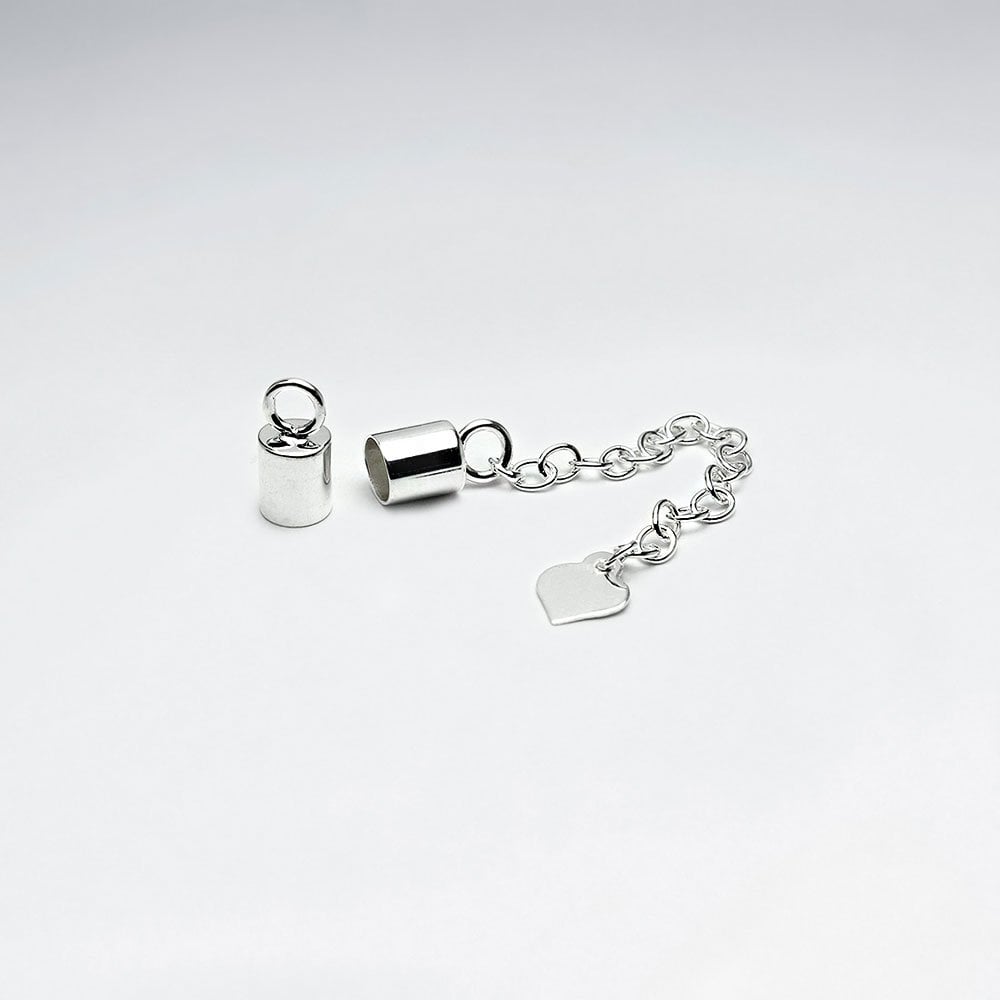 Sterling Silver Tube Cord Ends with extension Chain and Charm