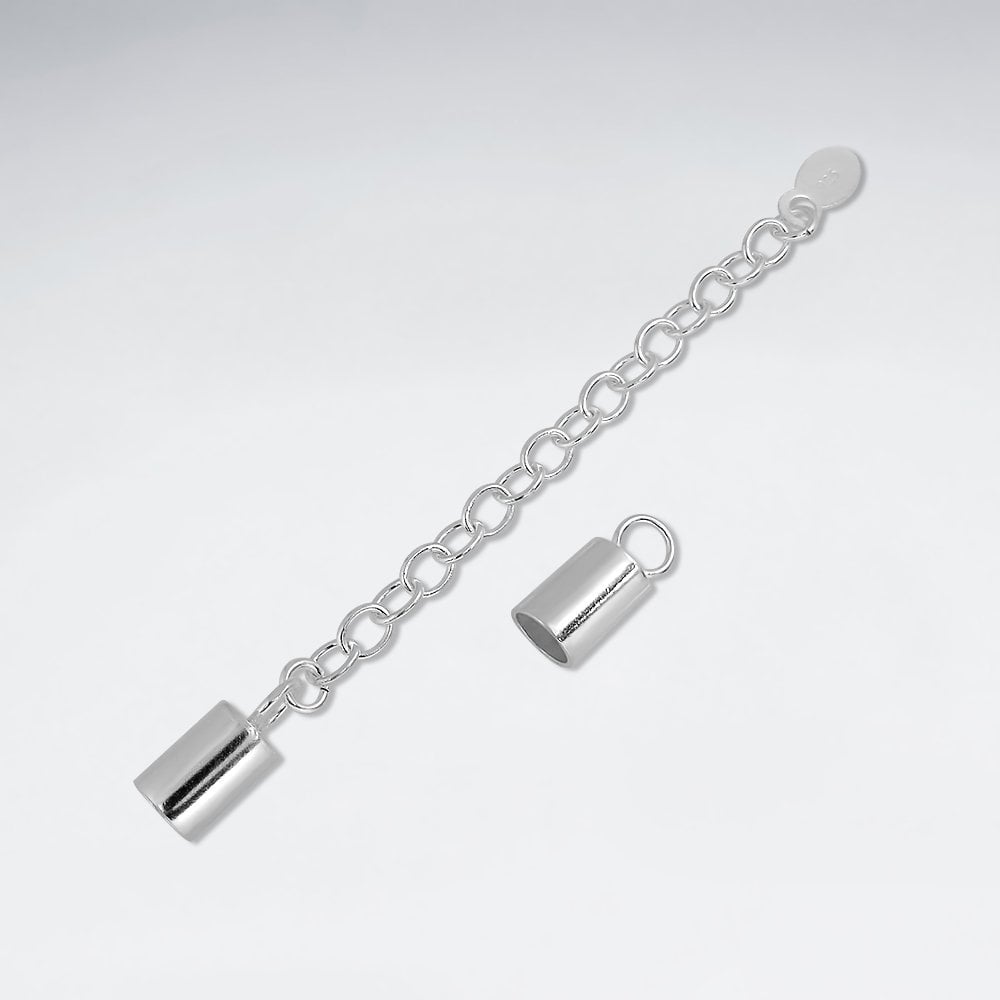 Sterling Silver Tube Cord Ends with extension Chain and Charm