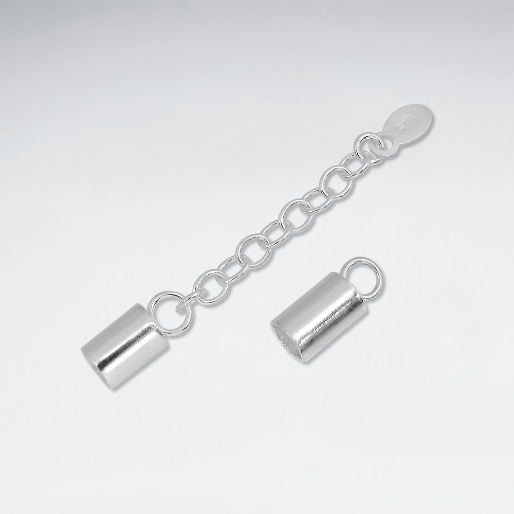 Sterling Silver Tube Cord Ends with extension Chain and Charm
