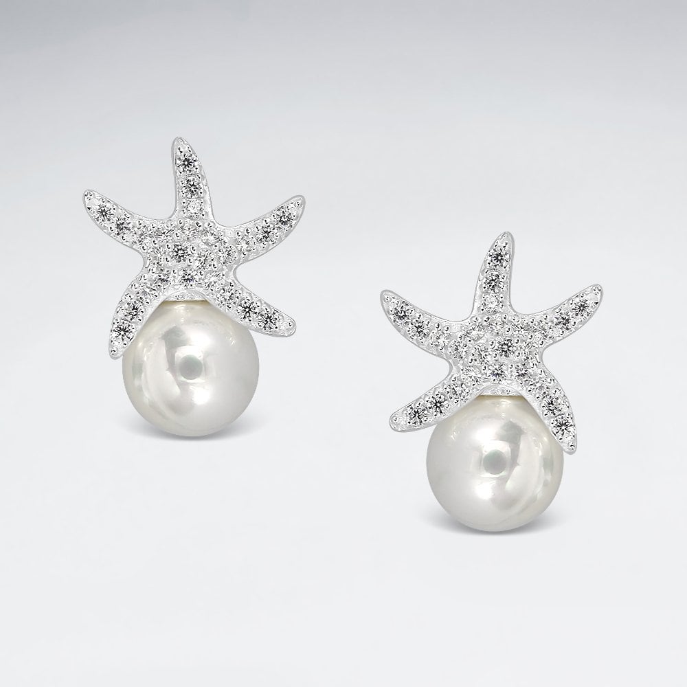 925 Sterling Silver Starfish and White Pearl Stud Earrings CZ and Crystal Jewelry