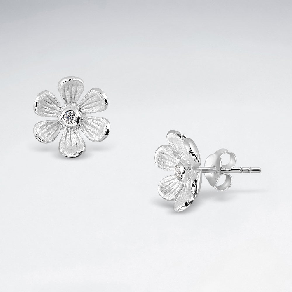 925 Sterling Silver Floral Blossom Stud Earrings CZ and Crystal Jewelry