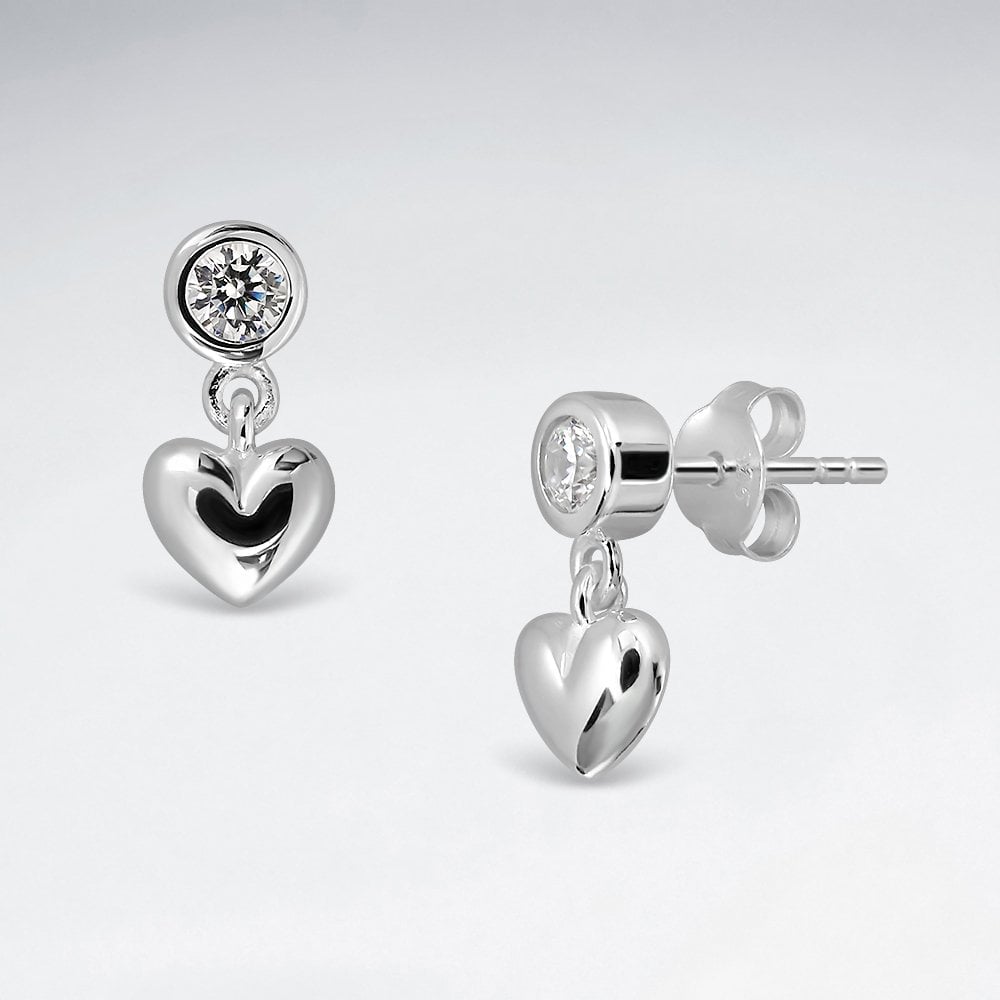 925 Sterling Silver Heart Dangle Stud Earrings CZ and Crystal Jewelry