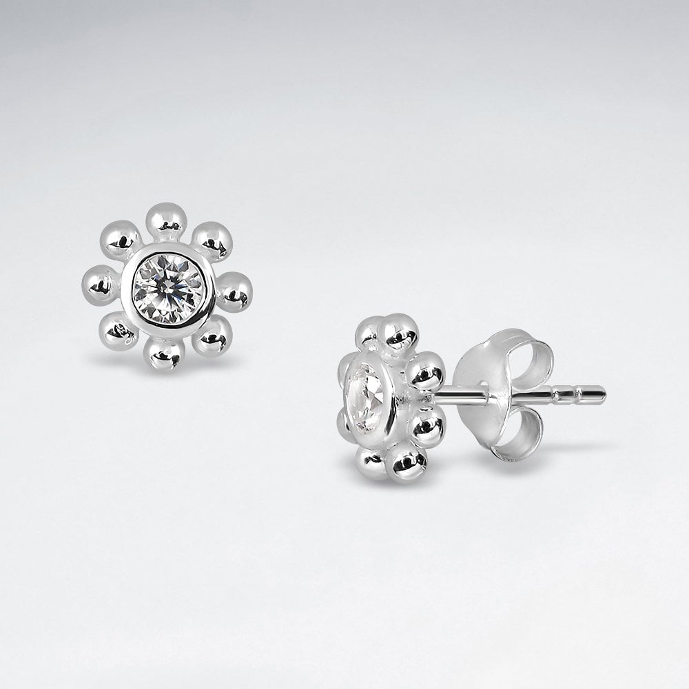 925 Sterling Silver Sunburst Stud Earrings CZ and Crystal Jewelry