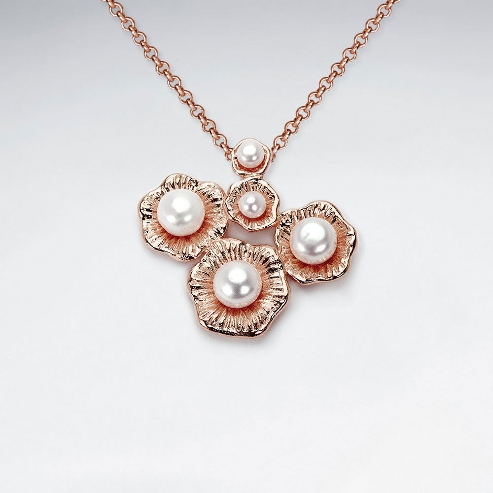 925 Sterling Silver Freshwater Pearl White and Shell Cluster Pendant Jewelry