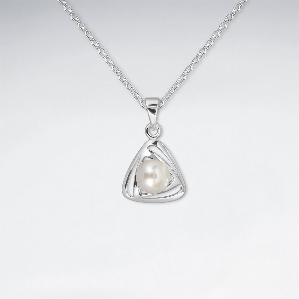 925 Sterling Silver Triangle Crystal and White Pearl Pendant Jewelry