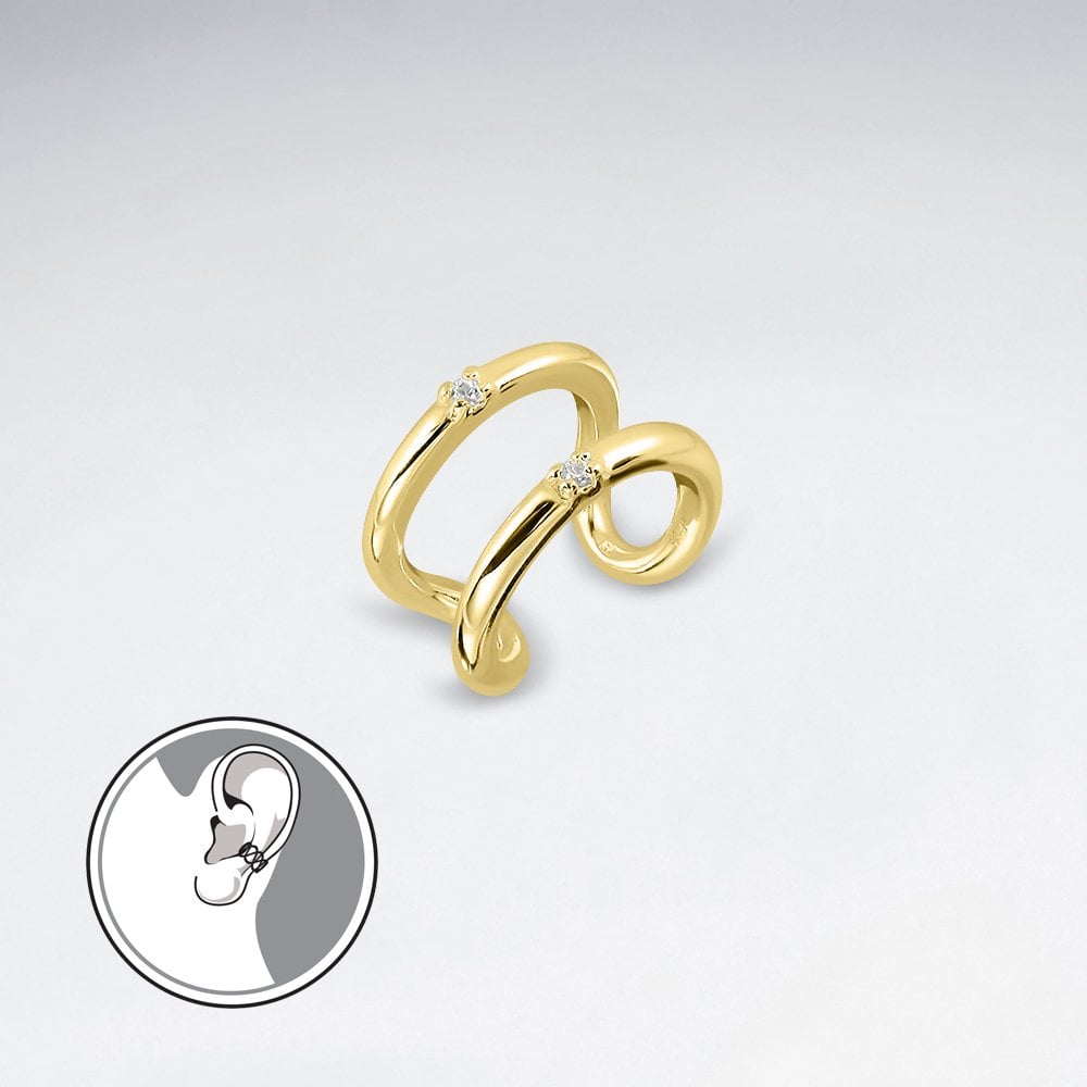 925 Sterling Silver Double Ear Cuff with Cubic Zirconia Stones