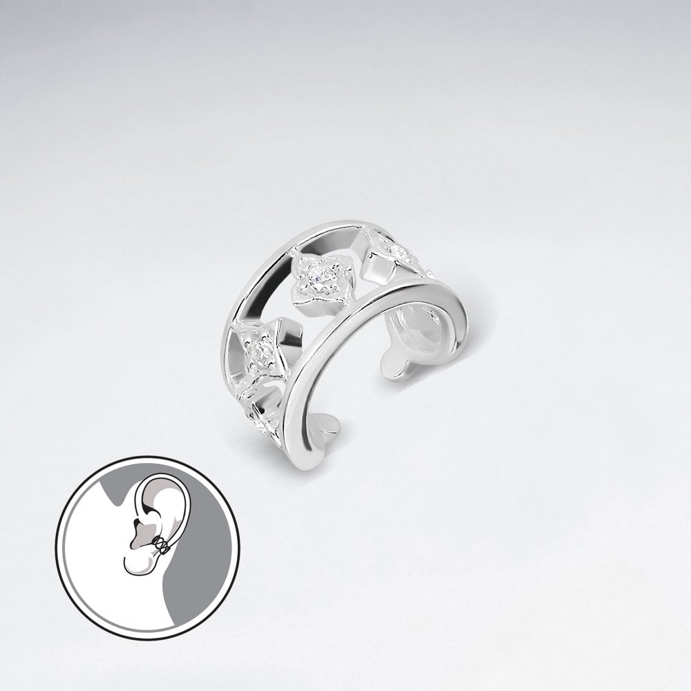 925 Sterling Silver Star Pattern Double Ear Cuff with Cubic Zirconia