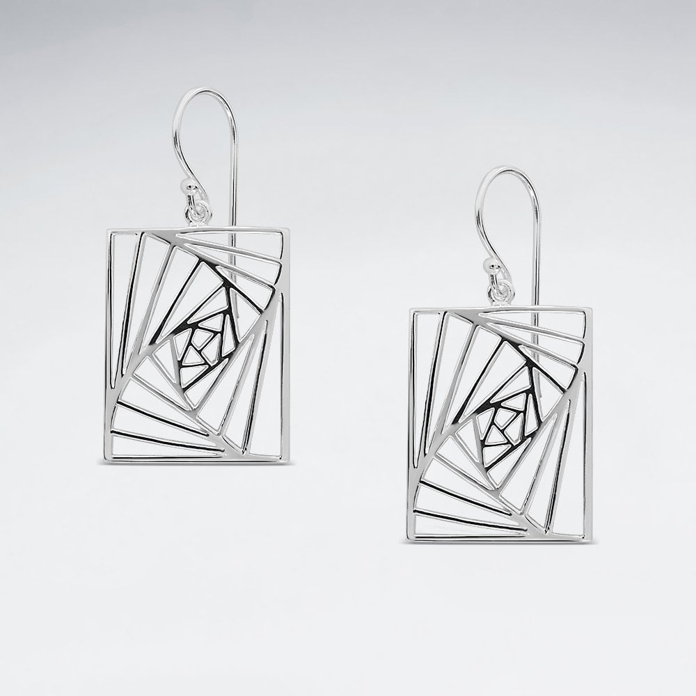 925 Sterling Silver Geometric Openwork Square Dangle Hook Earrings