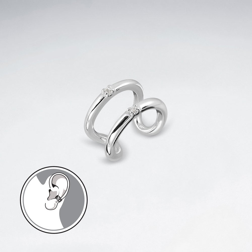 925 Sterling Silver Double Ear Cuff with Cubic Zirconia Stones