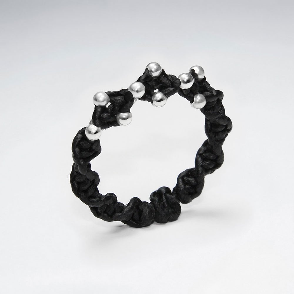 Silver and Waxed Cotton Ball Studded Ring