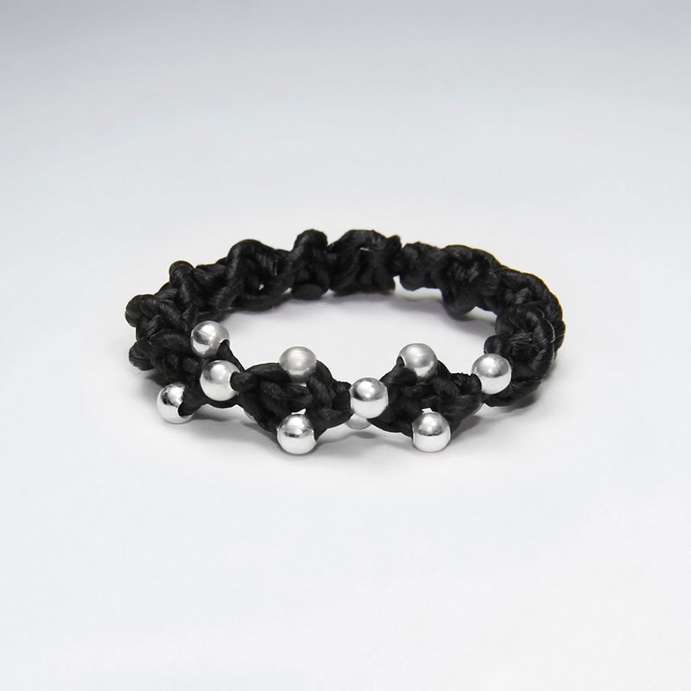 Silver and Waxed Cotton Ball Studded Ring